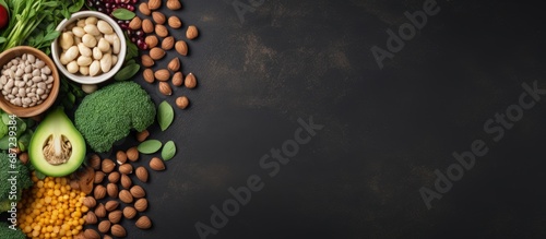 Superfoods like nuts beans greens and seeds on a gray background with room for text Wholesome plant based cuisine Copy space image Place for adding text or design photo