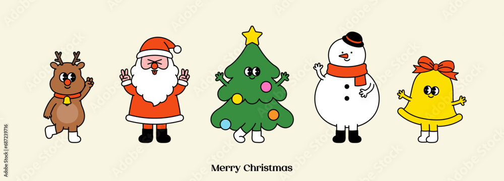 Groovy Christmas character set. Funny cartoon Xmas. Hippie 70s 60s Santa Claus, Tree, Reindeer, Bell, Snowman. Cute mascot Trendy retro style. Holiday winter design isolated. Vector flat illustration.