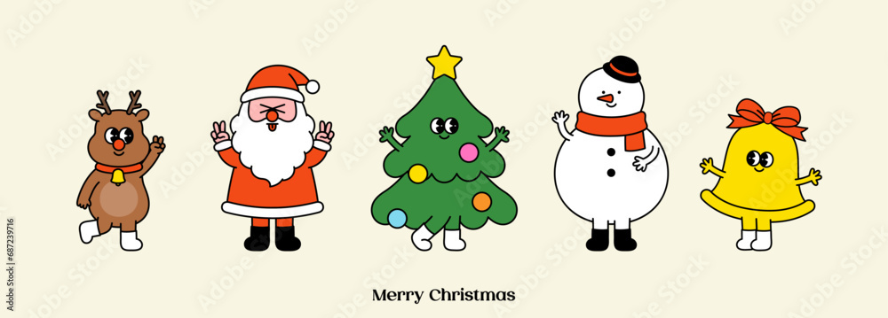 Groovy Christmas character set. Funny cartoon Xmas. Hippie 70s 60s Santa Claus, Tree, Reindeer, Bell, Snowman. Cute mascot Trendy retro style. Holiday winter design isolated. Vector flat illustration. Groovy Christmas character set. Funny cartoon Xmas. Hippie 70s 60s Santa Claus, Tree, Reindeer, Bell, Snowman. Cute mascot Trendy retro style. Holiday winter design isolated. Vector flat illustration.