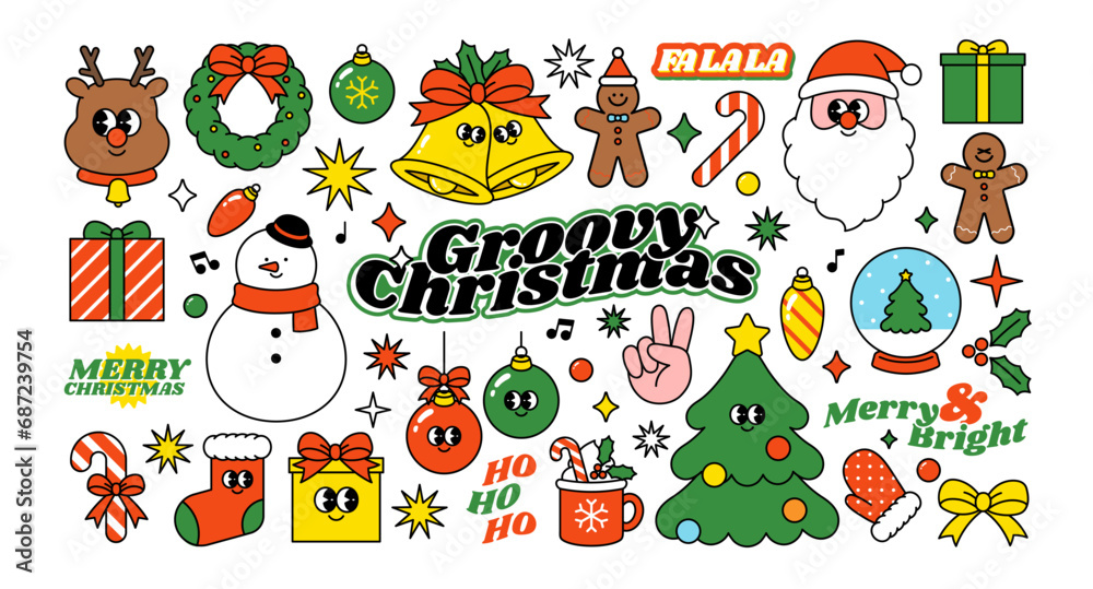 Merry Christmas, Happy New year cute sticker pack. Groovy patch collection. funny Xmas label set. Holiday design bundle. Hippie 70s 60s trendy retro cartoon style. Vintage vector flat illustration.