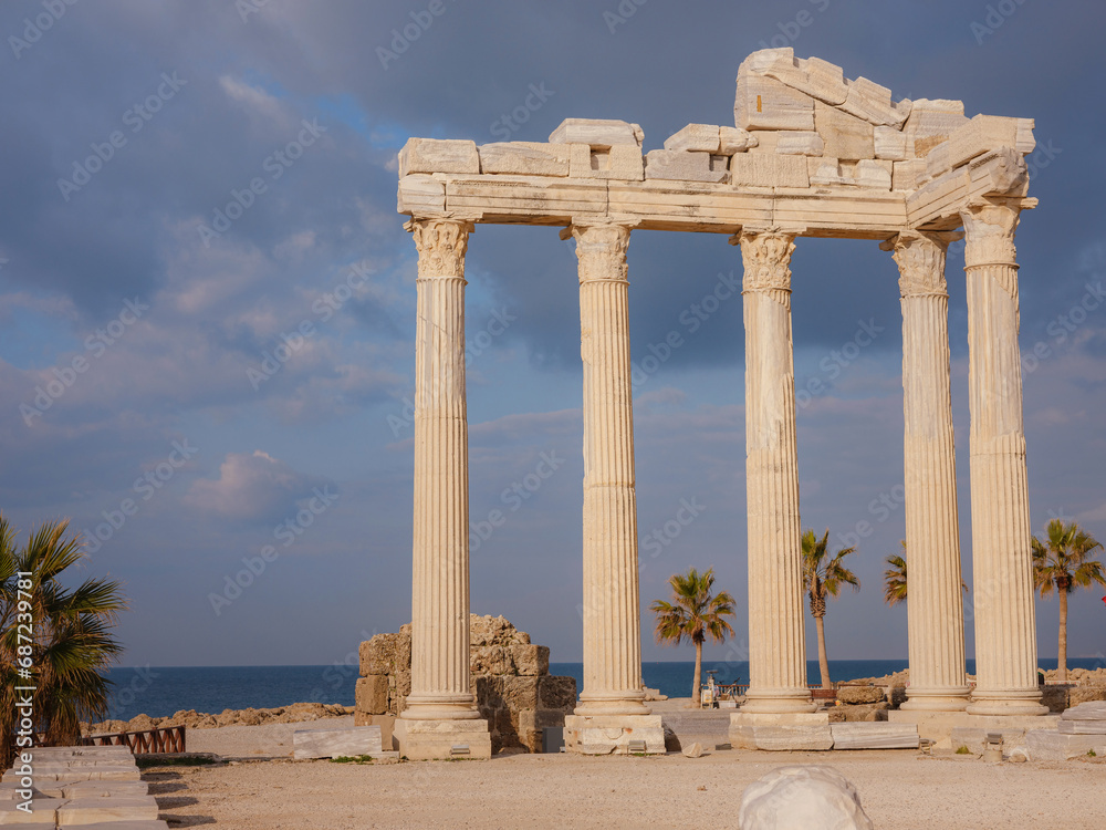 travel to ancient city of Side, Antalya coast of Turkey in tourist low season. Ruins of the Temple of Apollo in Side