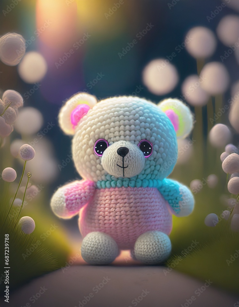Colorful teddy bear yarn toy in the garden, surrounded with flowers. Pastel bright illustration. Colorful teddy bear yarn toy in the garden, surrounded with flowers. Pastel bright illustration.