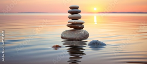 Sunrise beach stones in close up Copy space image Place for adding text or design