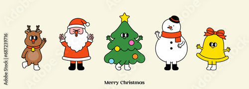 Groovy Christmas character set. Funny cartoon Xmas. Hippie 70s 60s Santa Claus, Tree, Reindeer, Bell, Snowman. Cute mascot Trendy retro style. Holiday winter design isolated. Vector flat illustration.