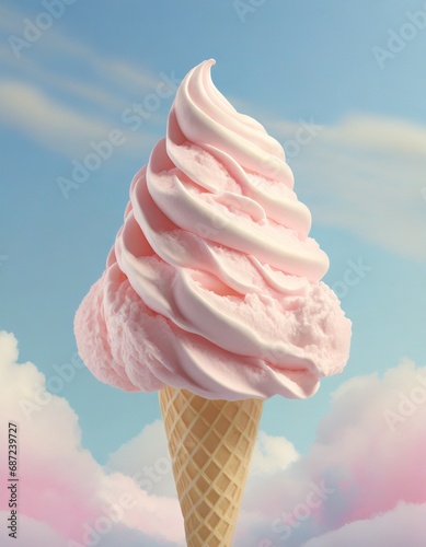 Abstract image with a white pink fluffy  ice-cream in a cone, on pale blue pastel background.  photo