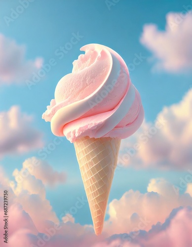 Abstract image with a white pink fluffy  ice-cream in a cone, on pale blue pastel background. 