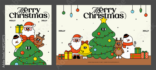 Merry Christmas, Happy New Year greeting card. Trendy retro cartoon style. Winter season template, Banner, Poster, Print, Party invitation, Holiday background. Vintage vector flat illustration.