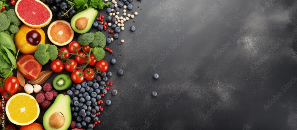 Various healthy foods arranged on a gray table Copy space image Place for adding text or design Various healthy foods arranged on a gray table Copy space image Place for adding text or design