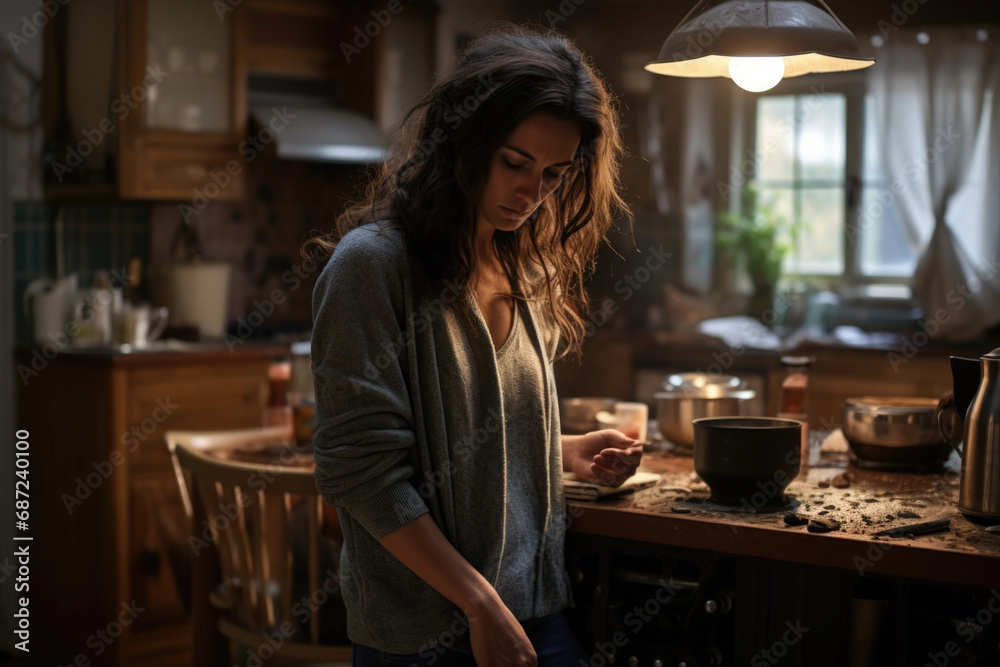 Depressed exhausted woman in messy kitchen. Routine and household chores Depressed exhausted woman in messy kitchen. Routine and household chores