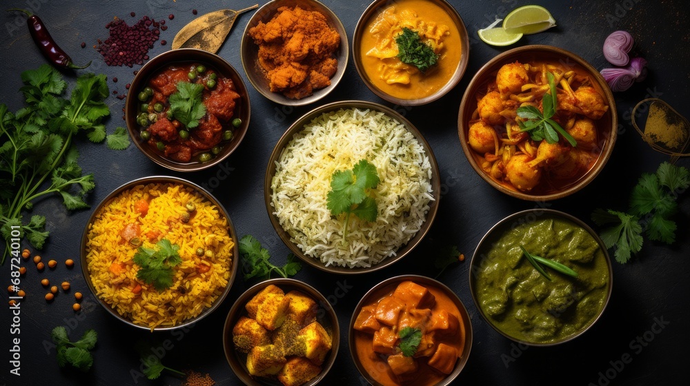 assorted indian curry and rice dishes shot, overhead composition, copy space, 16:9
