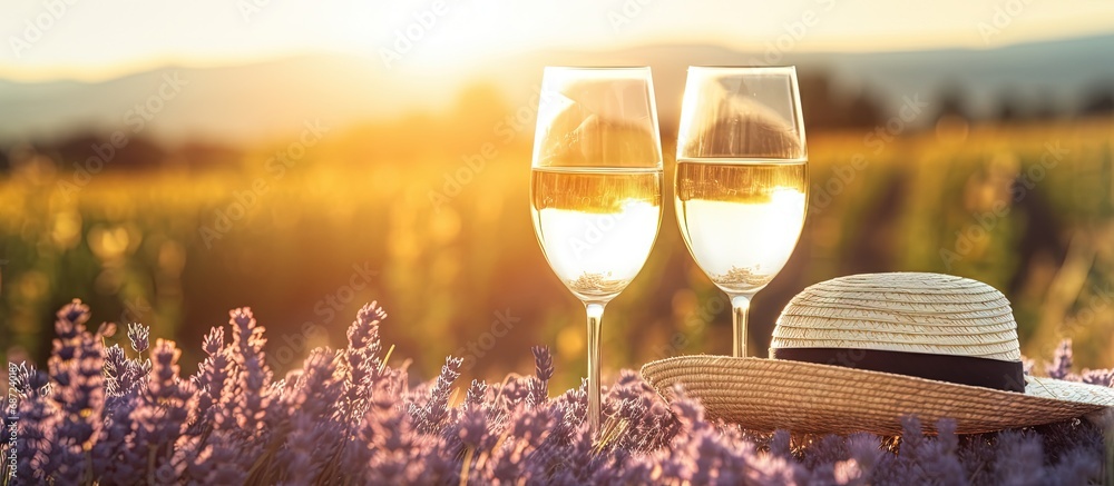 White wine glasses and bottle against a lavender field backdrop Straw hat flower basket lavender on a picnic blanket Romantic sunset in Provence France Copy space image Place for adding text or - obrazy, fototapety, plakaty 