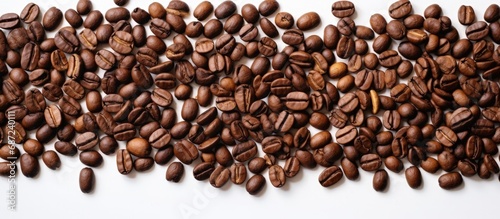 White background with top down view of coffee beans that have been roasted Copy space image Place for adding text or design