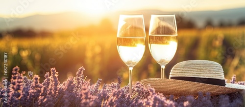White wine glasses and bottle against a lavender field backdrop Straw hat flower basket lavender on a picnic blanket Romantic sunset in Provence France Copy space image Place for adding text or photo