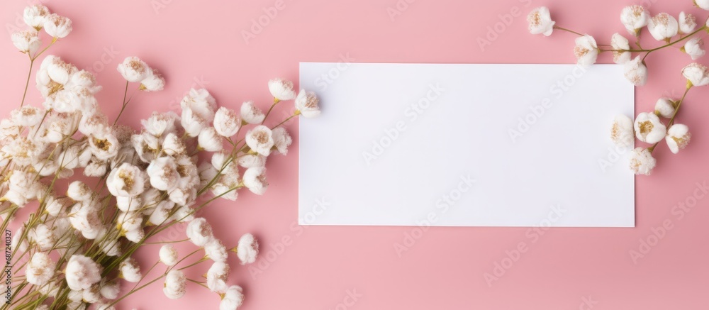 Wedding arrangement with white paper list gypsophila flowers and colored table Greeting cards and envelopes included Lovely floral pattern in flat lay style Copy space image Place for adding te Wedding arrangement with white paper list gypsophila flowers and colored table Greeting cards and envelopes included Lovely floral pattern in flat lay style Copy space image Place for adding te