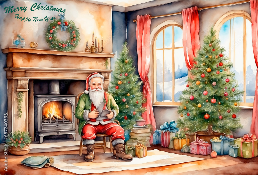 Christmas. New Year. Greeting card beautiful watercolor background with Santa Claus and holiday gifts