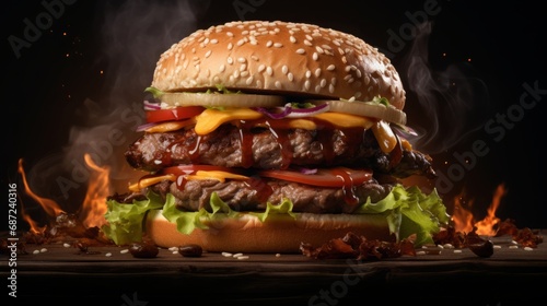 delicious huge burger with capybara meat, dark background, food photography, 16:9 photo