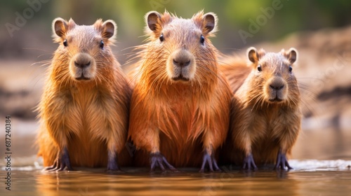 closeup of a cute group of capybaras, copy space, 16:9 photo