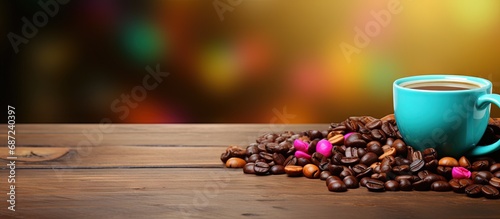 Vibrant cup and beans on wooden surface Copy space image Place for adding text or design