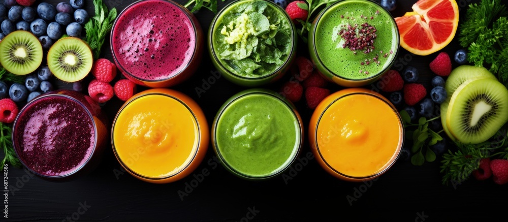 Vibrant drinks made from plants fruits and berries viewed from above Copy space image Place for adding text or design Vibrant drinks made from plants fruits and berries viewed from above Copy space image Place for adding text or design