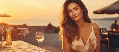 Stunning lady enjoying seafood and wine at sunset in a restaurant Copy space image Place for adding text or design