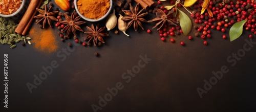Spice assortment turmeric star anise barberry allspice cloves paprika Copy space image Place for adding text or design photo
