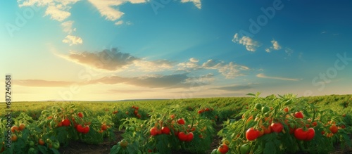 Tomato bushes in green field under South Ukrainian sunset sky Copy space image Place for adding text or design