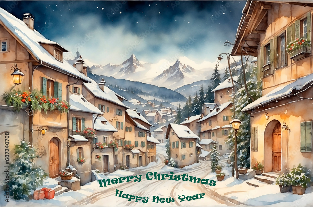 Christmas. New Year. Greeting card Swiss village celebrates a joyful holiday