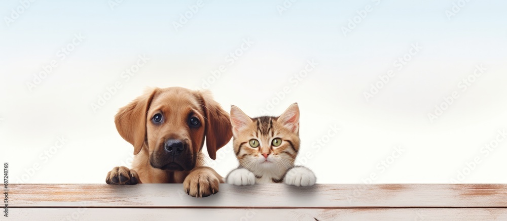 Store signboard template with cat and dog on white background Copy space image Place for adding text or design - obrazy, fototapety, plakaty 
