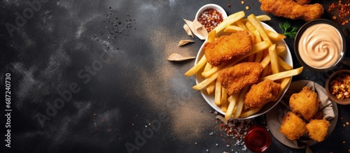 Vegan fish and chips alongside tofu and chips served with vegan sauce Copy space image Place for adding text or design photo