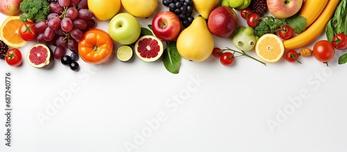 Top view of white background with fresh produce Copy space image Place for adding text or design © HN Works