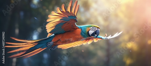 Spectacular picture of a tropical macaw parrot in flight animal kingdom colorful bird wildlife photography ara in zoo Copy space image Place for adding text or design photo