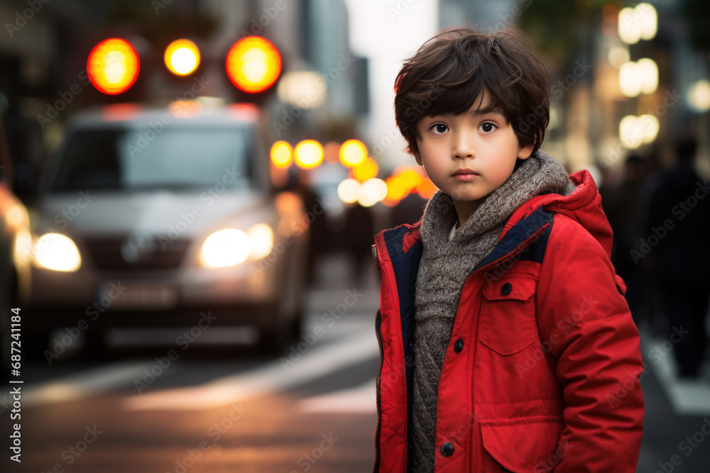 Asian dreaming kid go through road without looking at side. Dangerous safety rules traffic emergency situation concept. Child crossing road on crosswalk at red traffic light in city cars on background Asian dreaming kid go through road without looking at side. Dangerous safety rules traffic emergency situation concept. Child crossing road on crosswalk at red traffic light in city cars on background