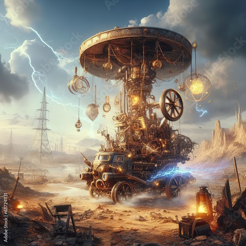 Post-apocalyptic wasteland in the style of Fallout, but with magical artifacts and steam-powered machinery from Arcanum photo