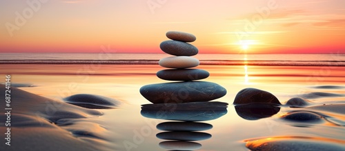 Sunrise beach stones in close up Copy space image Place for adding text or design