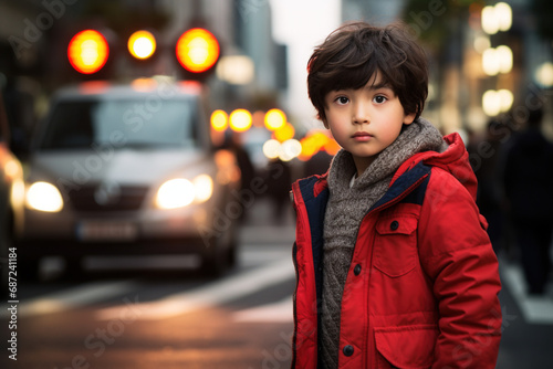 Asian dreaming kid go through road without looking at side. Dangerous safety rules traffic emergency situation concept. Child crossing road on crosswalk at red traffic light in city cars on background