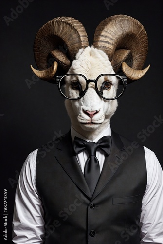 a goat and glasses with a black tie and white shirt and black vest and black tie