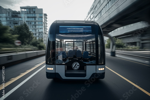 Self driving bus. Autonomous bus driving in city. Future Electric passenger buse. Self-driving passenger electric bus. Public electric E-bus. Driverless bus line with 5g autonomous driving buses.