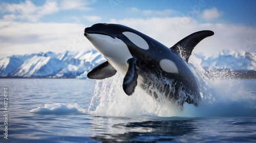 The orca jumps out of the ocean on the Arctic ice background © mikhailberkut