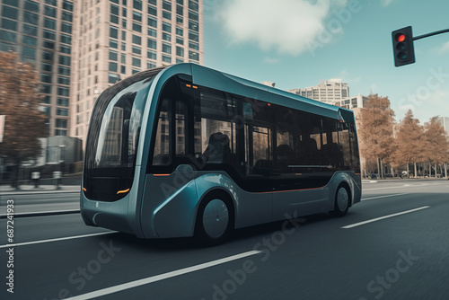 Self driving bus. Autonomous bus driving in city. Future Electric passenger buse. Self-driving passenger electric bus. Public electric E-bus. Driverless bus line with 5g autonomous driving buses.