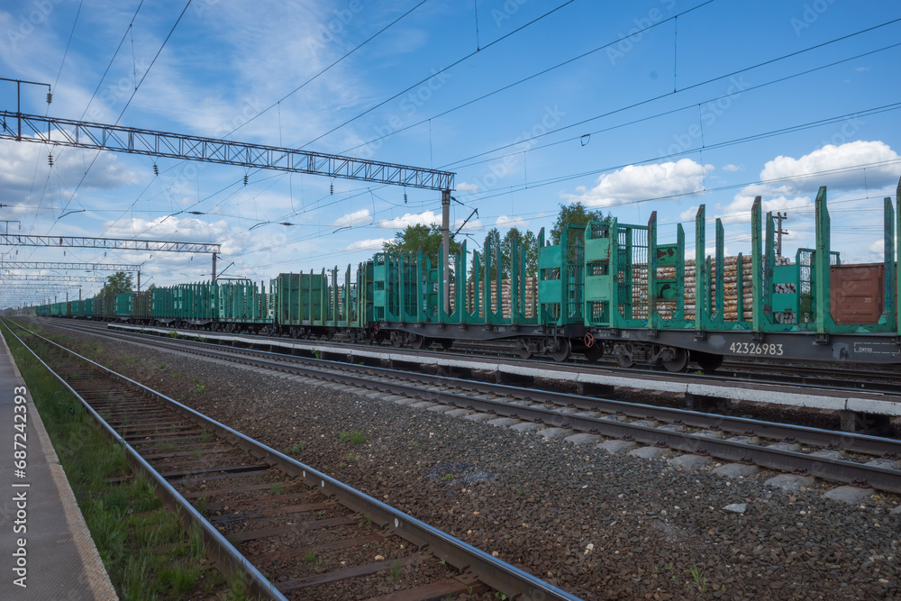 railway station with empty freight cars for timber logs railway station with empty freight cars for timber logs