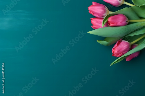 Frame of tulips on turquoise rustic wooden background. Spring flowers. Neural network AI generated art