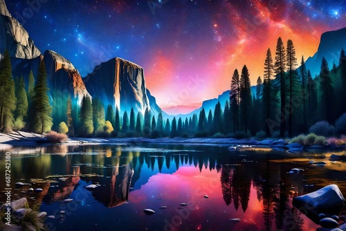 A mystical Yosemite Valley under a celestial sky, with vibrant colors and ethereal lights illuminating the landscape, the Merced River reflecting the cosmic spectacle photo