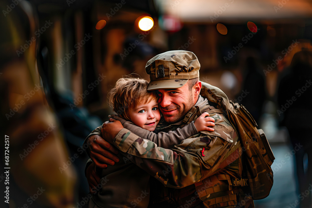 Little boy hugs her military father who has returned from the war