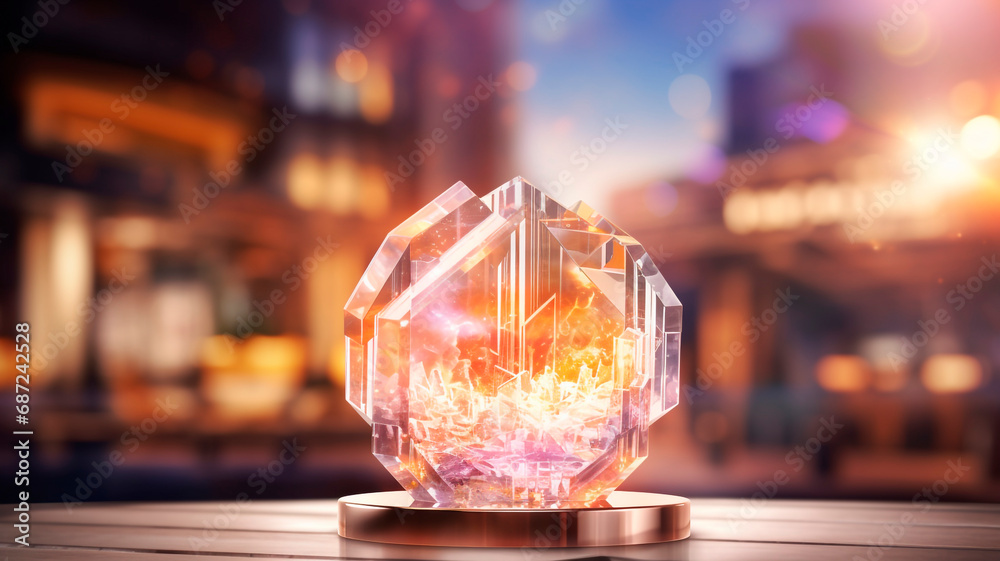 A mineral crystal on a stand standing on the street of a noisy city. A mineral crystal on a stand standing on the street of a noisy city.