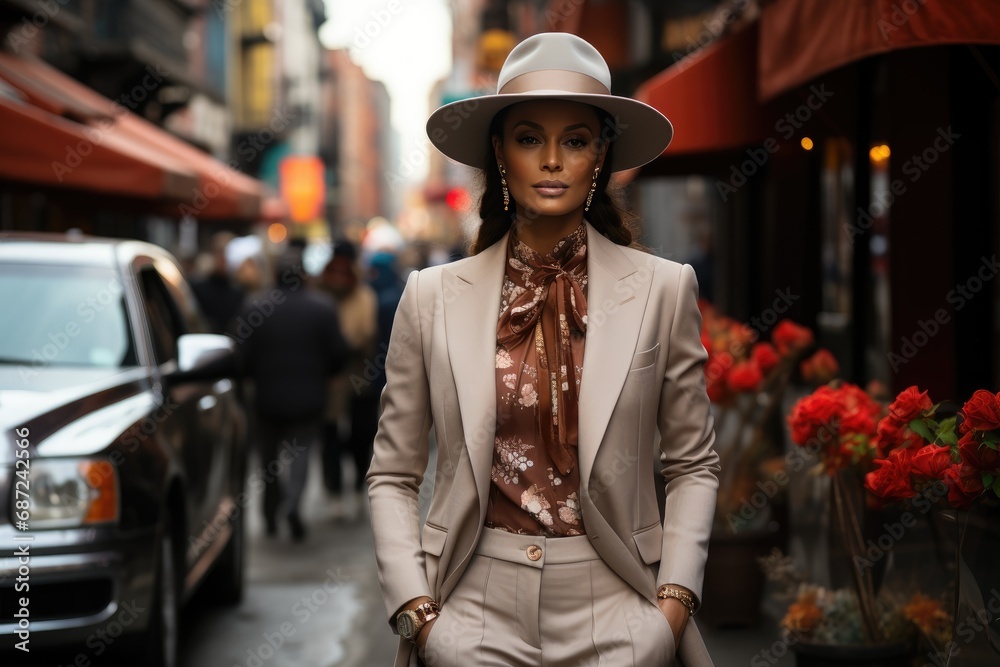 Black young woman wearing a hat and a suit 