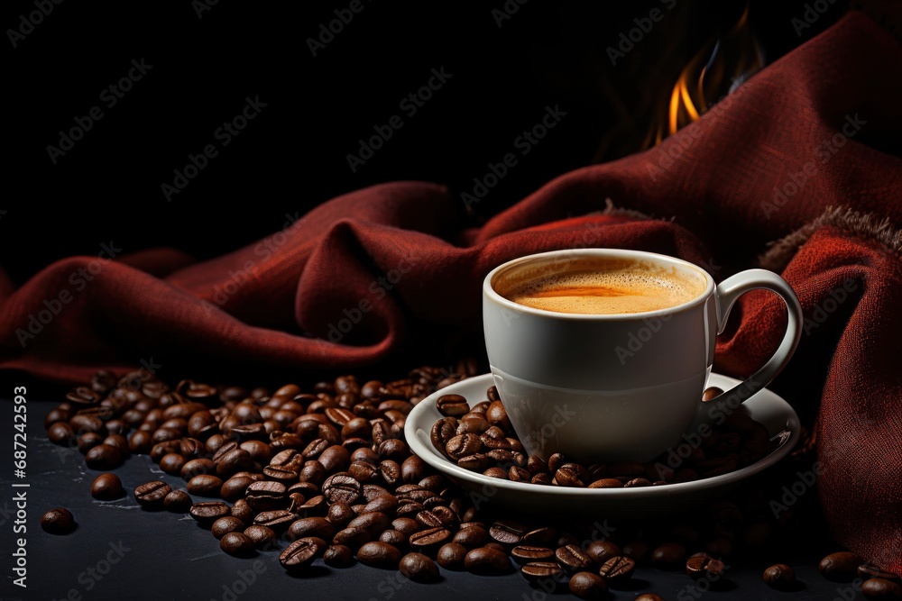 Obraz premium Steaming Cup of Coffee on a Delicate Saucer Surrounded by Fresh Coffee Generative AI