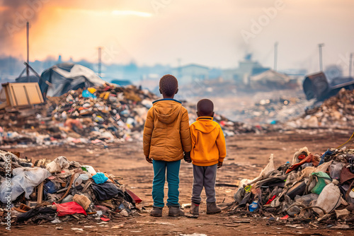 Two African children in a landfill. Back view photo