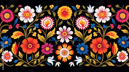 Traditional Mexican floral pattern on black background. Vibrant Spirit of Mexico with Authentic flowers pattern