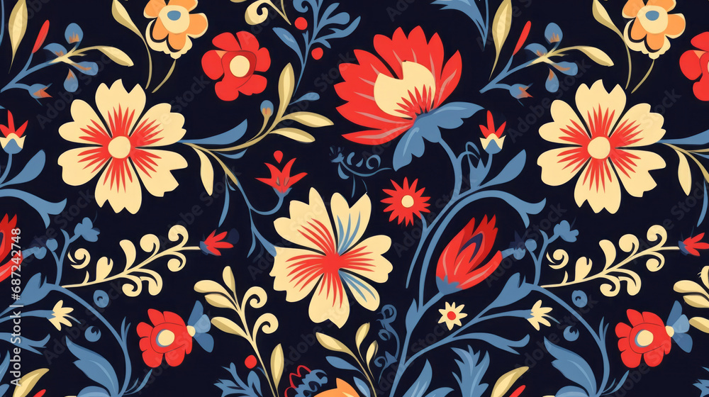 Traditional Mexican floral pattern on black background. Vibrant Spirit of Mexico with Authentic flowers pattern Traditional Mexican floral pattern on black background. Vibrant Spirit of Mexico with Authentic flowers pattern