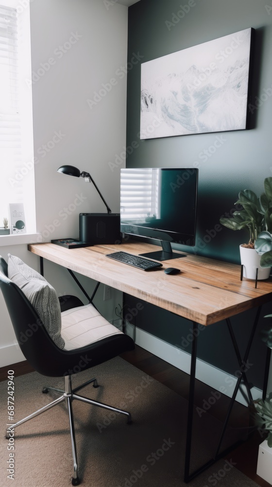 Minimalistic home office interior with clean design, a sleek desk, ergonomic chair, and organized workspace. The simplicity creates focused and aesthetically pleasing environment for productive work. Minimalistic home office interior with clean design, a sleek desk, ergonomic chair, and organized workspace. The simplicity creates focused and aesthetically pleasing environment for productive work.